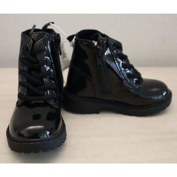 Old Navy 749932 Toddler Girl Sz 8 Black Shiny Faux-Leather Side-Zip Combat Boots - Picture 1 of 7